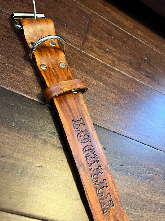 2 inch Veg acorn stained leather dog collar with phone number